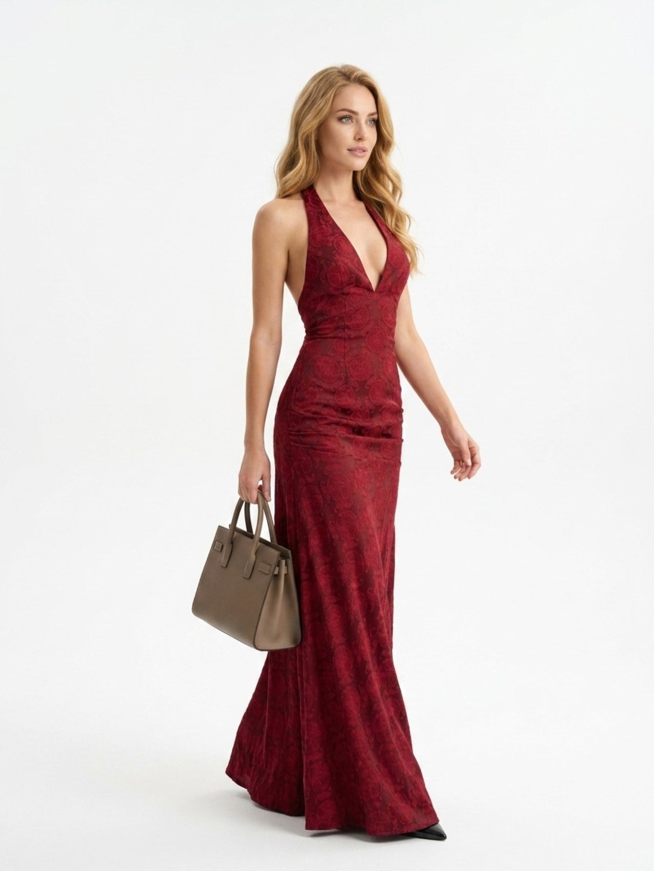 Women's Red Velvet Gown - Halter Neck Plunging V-Neck Floral Burnout Maxi Dress | Elegant Evening Formal Party Dress