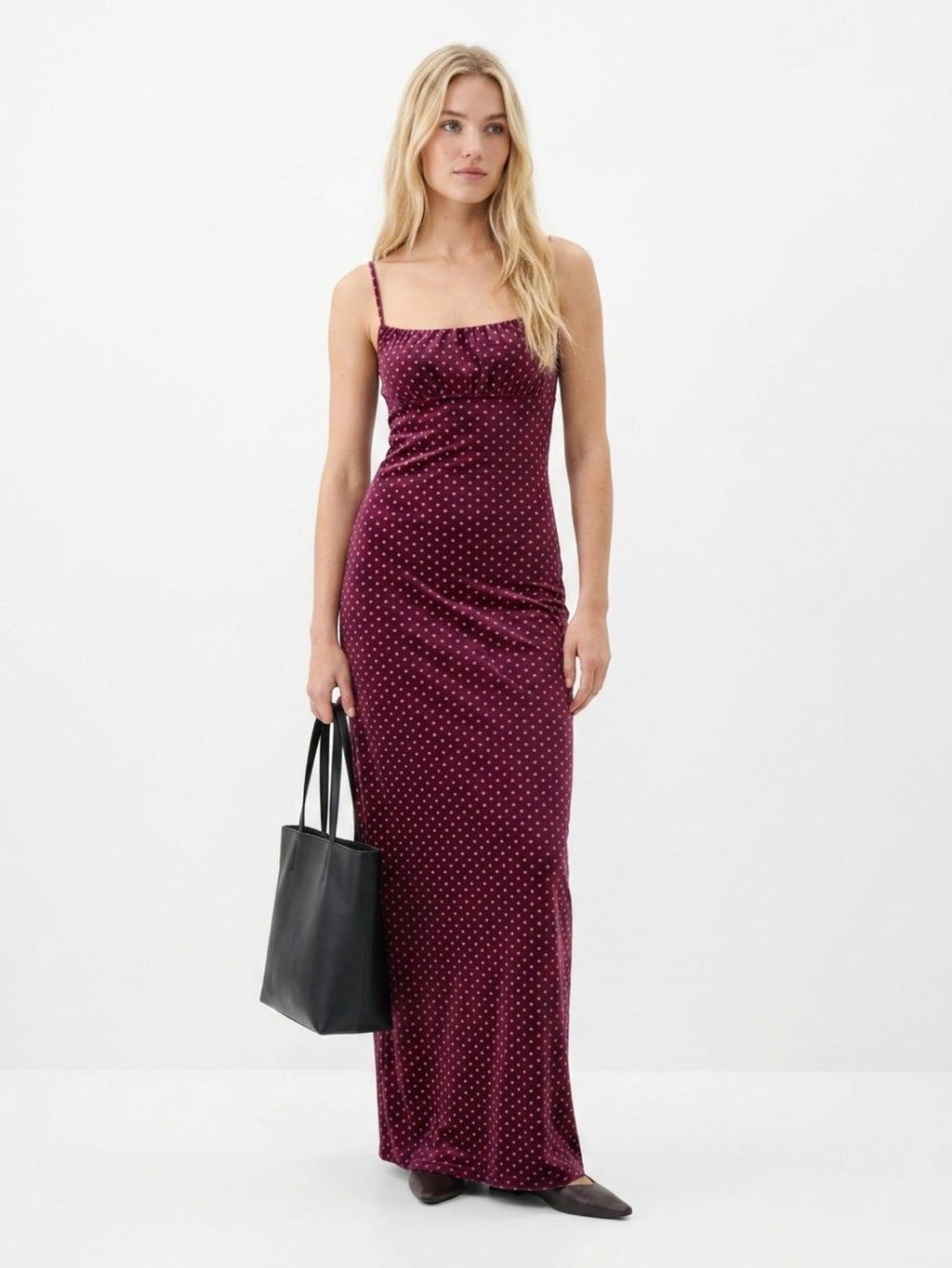 Women's Polka Dot Midi Dress - Burgundy Slinky Cami Strap Dress with Cowl Neckline & Ruched Waist