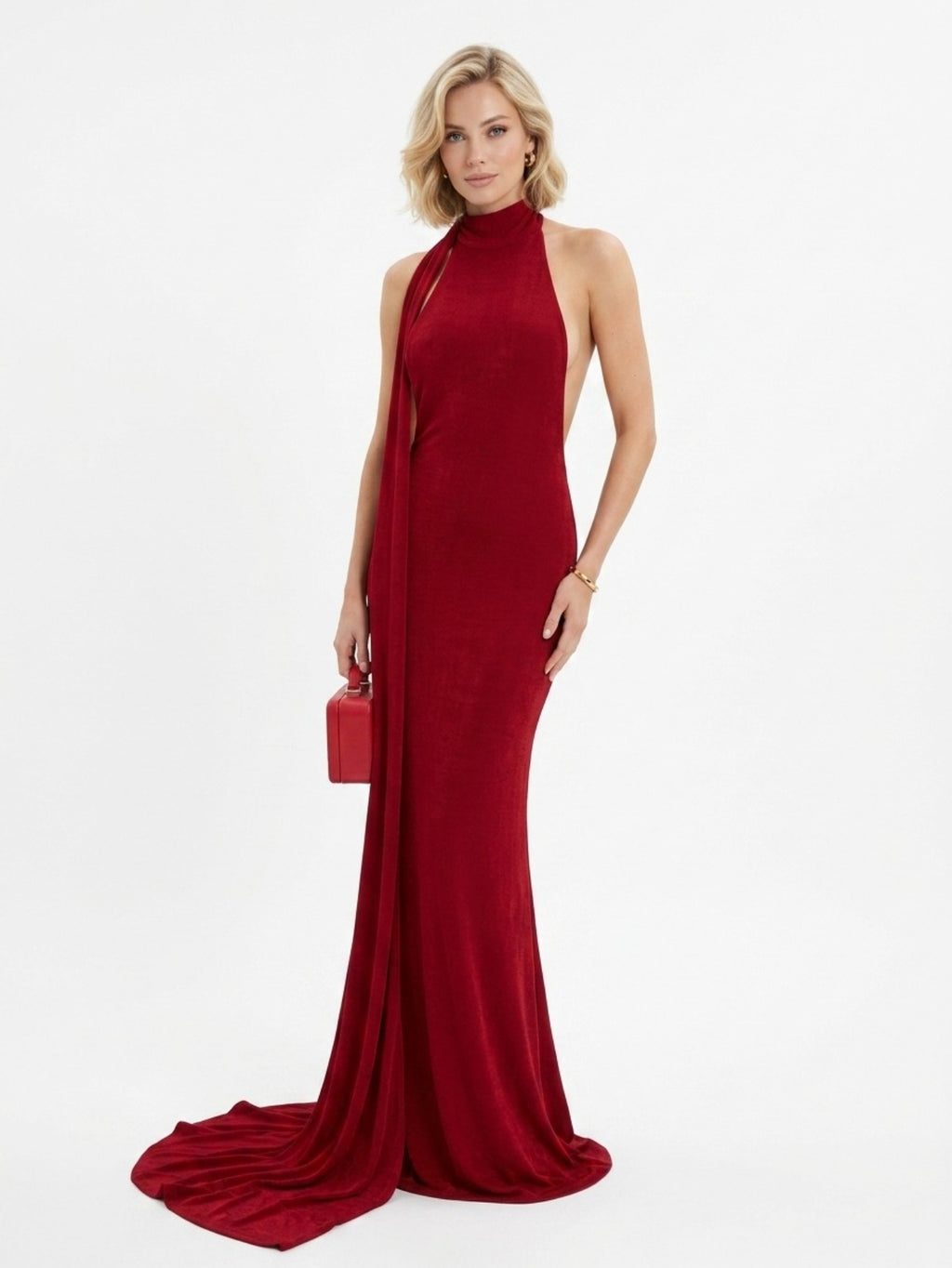 Women's Red Halter Neck Maxi Dress - Open Back with Sleeve Tie Drape Detail | Elegant Evening Gown for Formal Party Prom