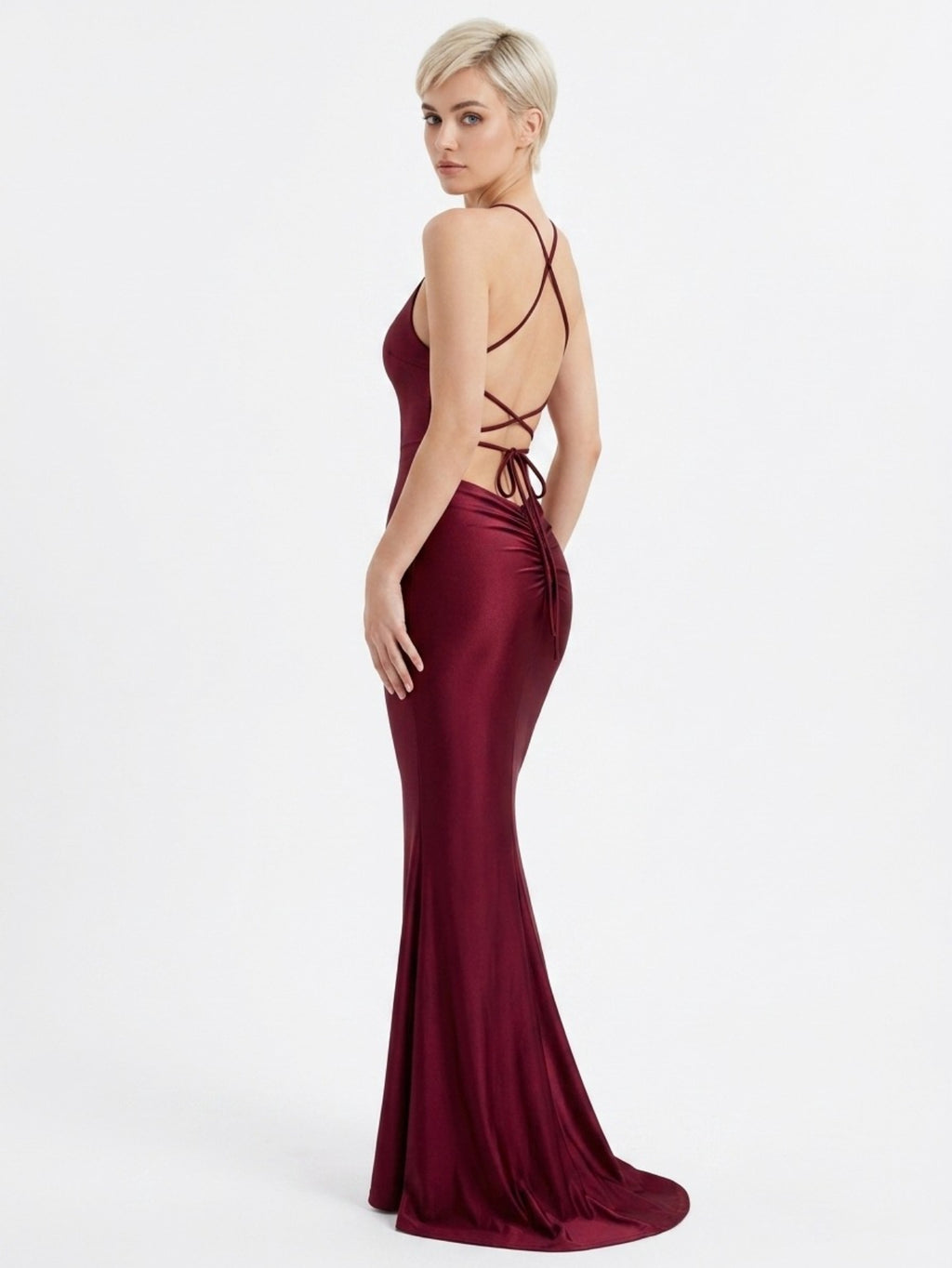 Burgundy Satin Slip Midi Dress - Plunging V-Neck with Crisscross Back Tie Detail for Women