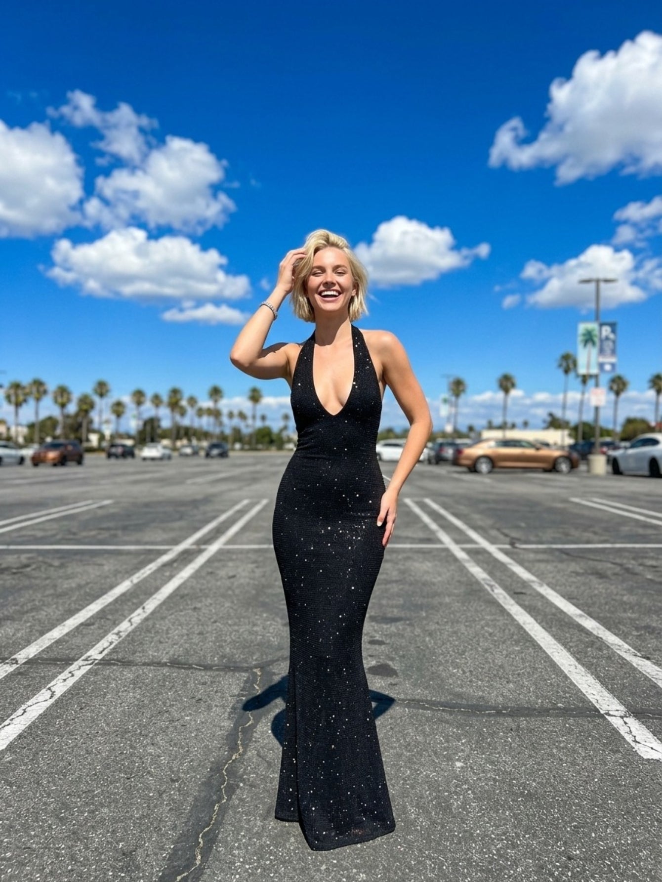 Women's Sparkly Halter Neck Maxi Dress - Sexy Deep V Plunging Neckline Mermaid Hem Evening Party Gown