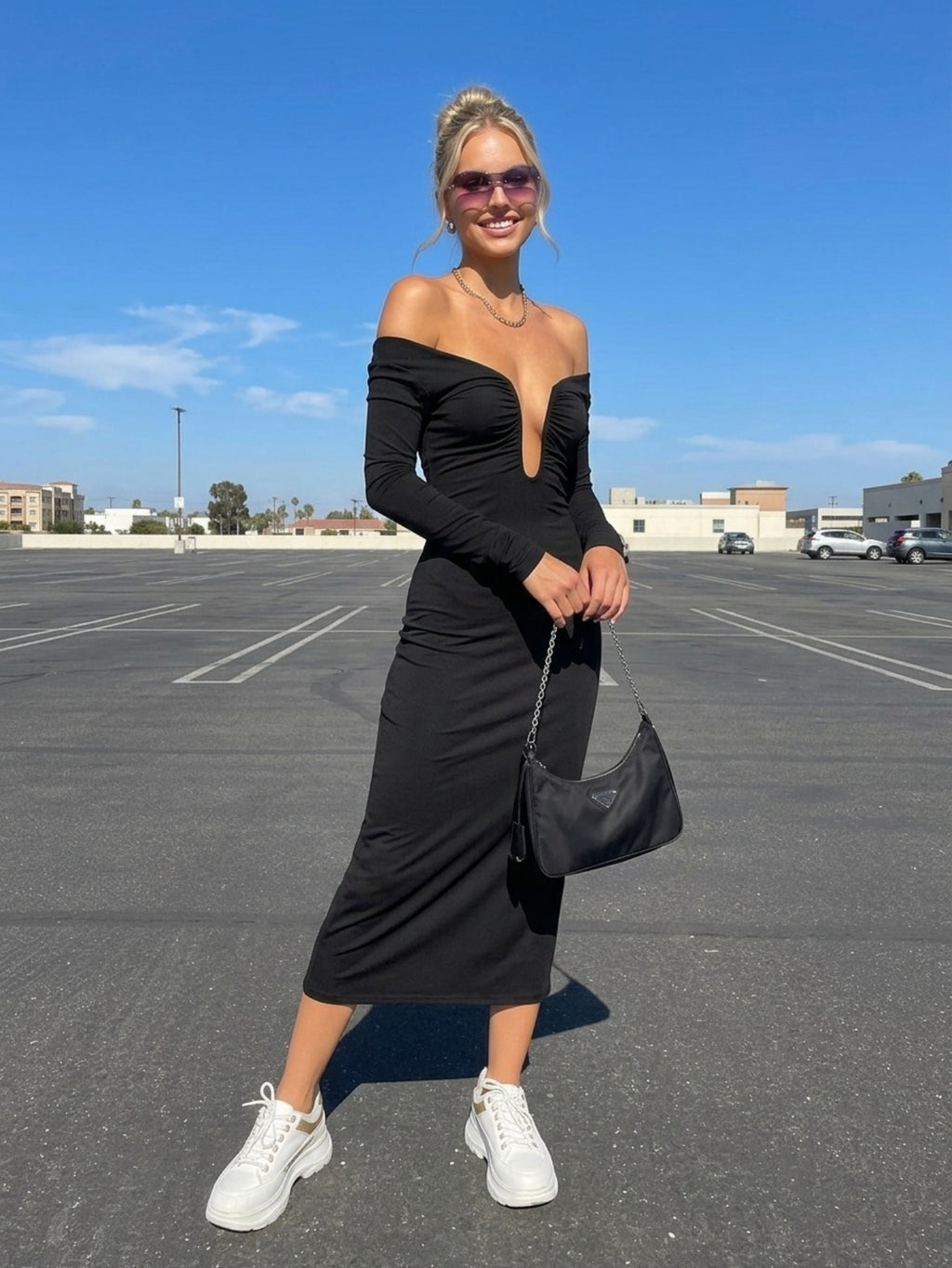 Women's Off Shoulder Midi Dress - Black Slinky Bodycon Evening Gown with Deep Plunging Neckline & Long Sleeves