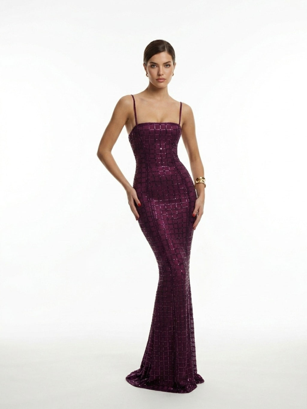 Women's Sequin Mermaid Maxi Dress - Emerald Green/Plum Purple Strapless Fishtail Formal Gown