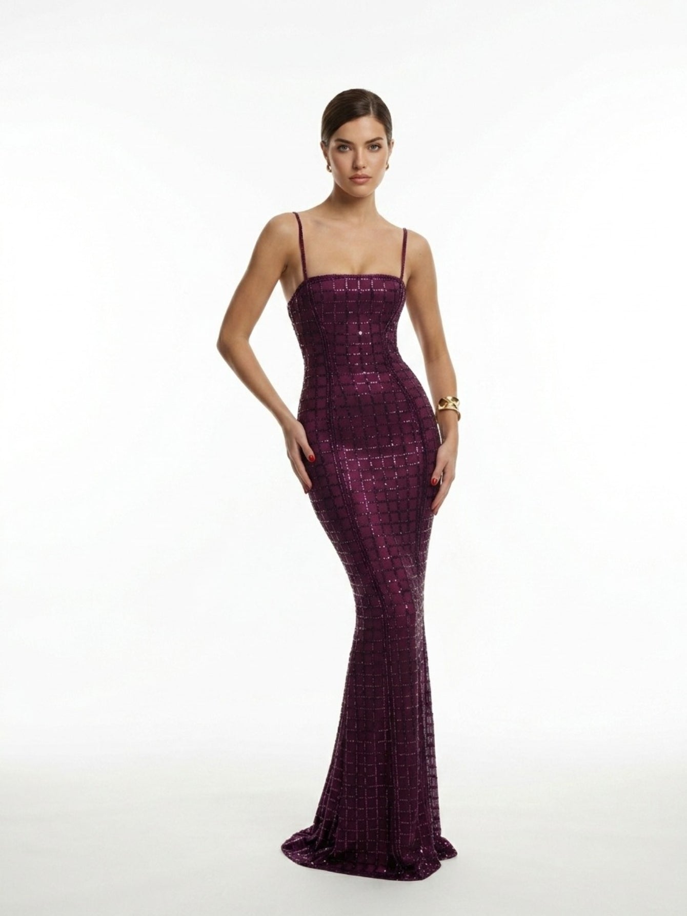Women's Sequin Mermaid Maxi Dress - Emerald Green/Plum Purple Strapless Fishtail Formal Gown