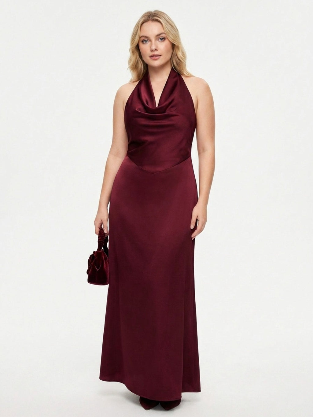 Women's Satin Halter Neck Maxi Dress - Plunging V Neck with Draped Detail | Elegant Evening Party Gown