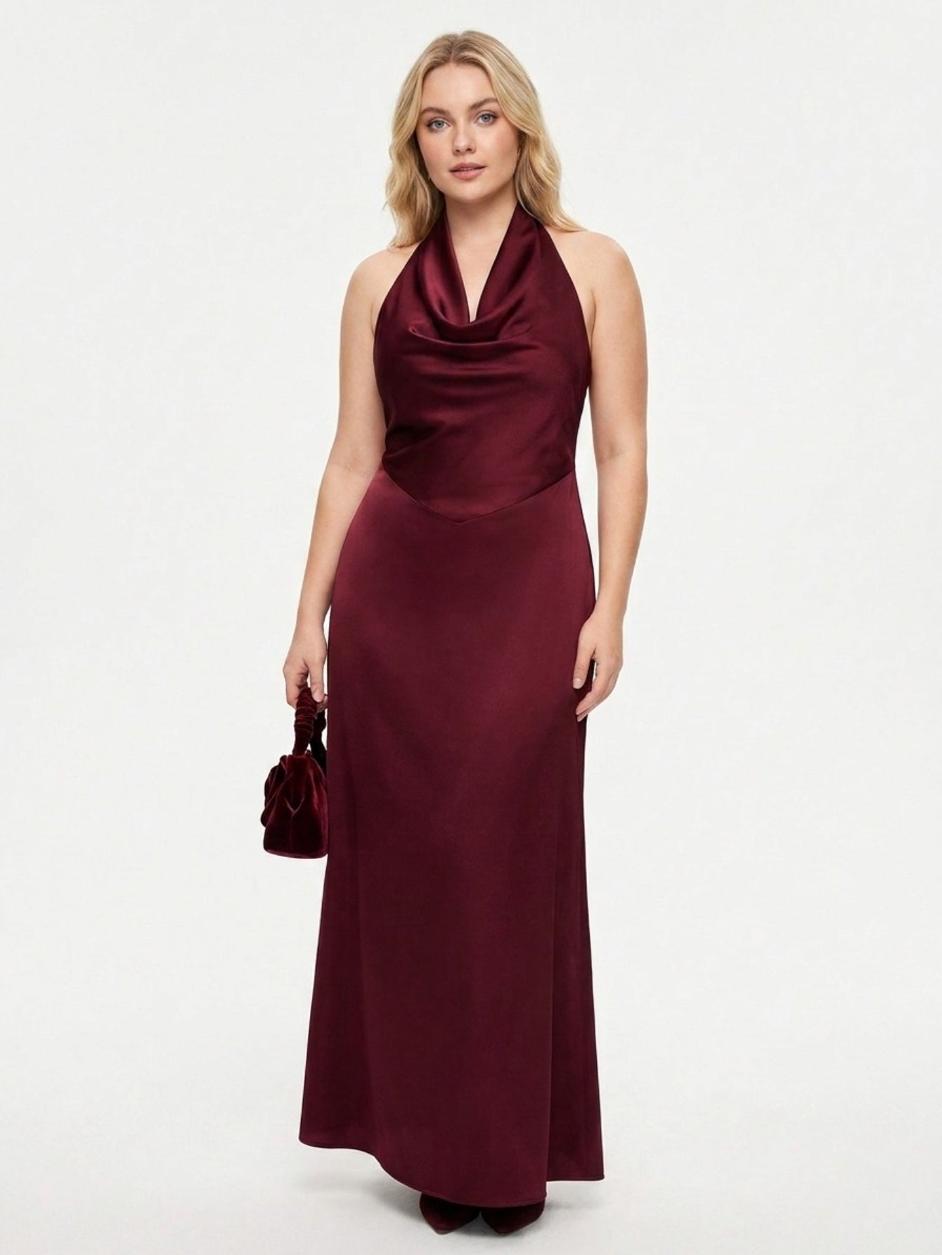 Women's Satin Halter Neck Maxi Dress - Plunging V Neck with Draped Detail | Elegant Evening Party Gown