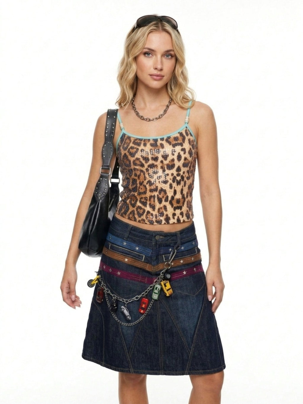 Women's Leopard Print Camisole Top - Y2K Beaded Halter Neck Sleeveless Tank with Contrast Binding | Retro Summer Streetwear
