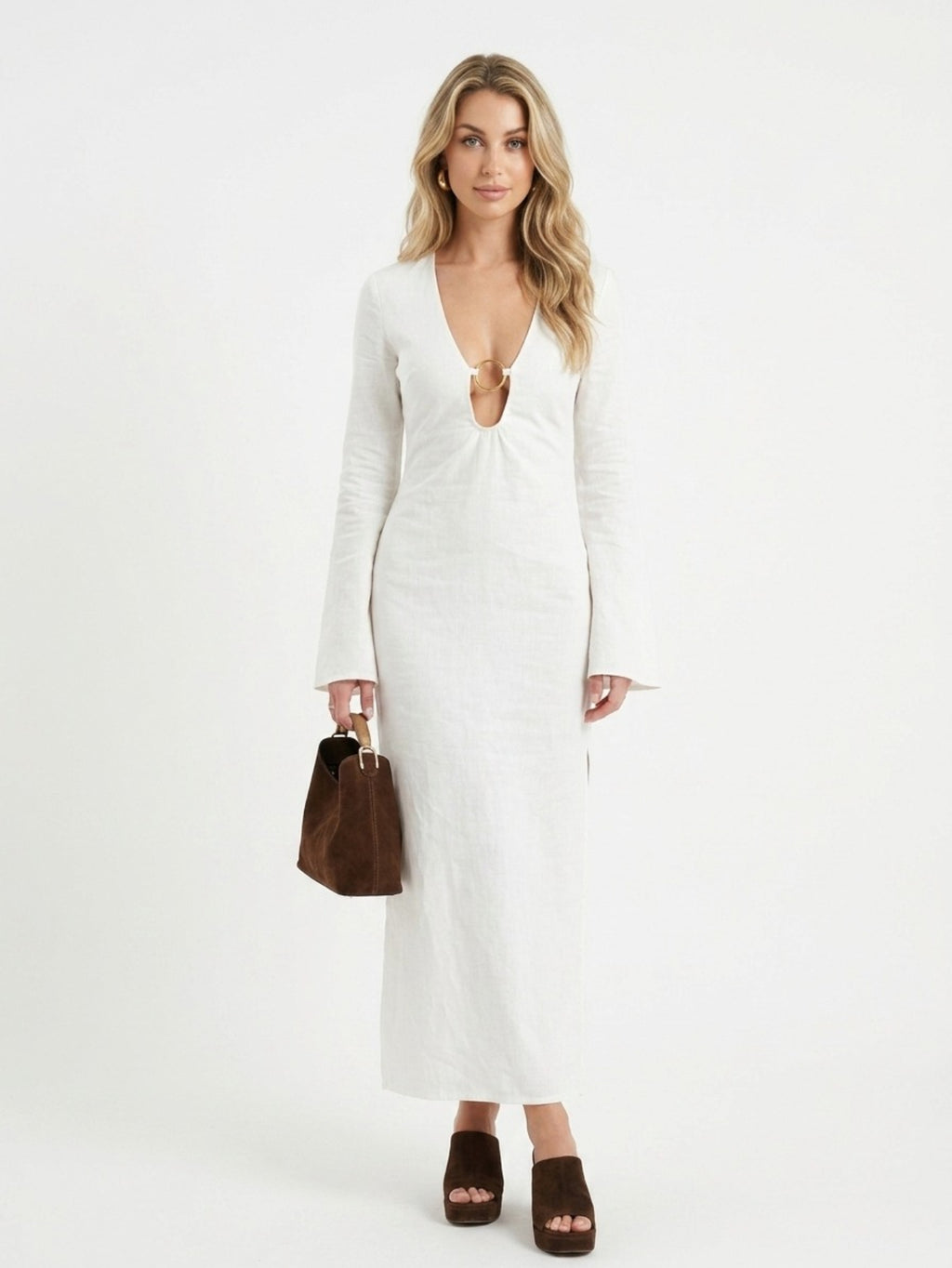 Women's White Maxi Dress - Long Sleeve Plunging Neckline Dress with Ring Detail & Thigh High Slit | Elegant Evening Gown