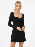 Women's Black Long Sleeve Bodycon Dress - Square Neck Ruched Front Tie Mini Dress for Cocktail Party