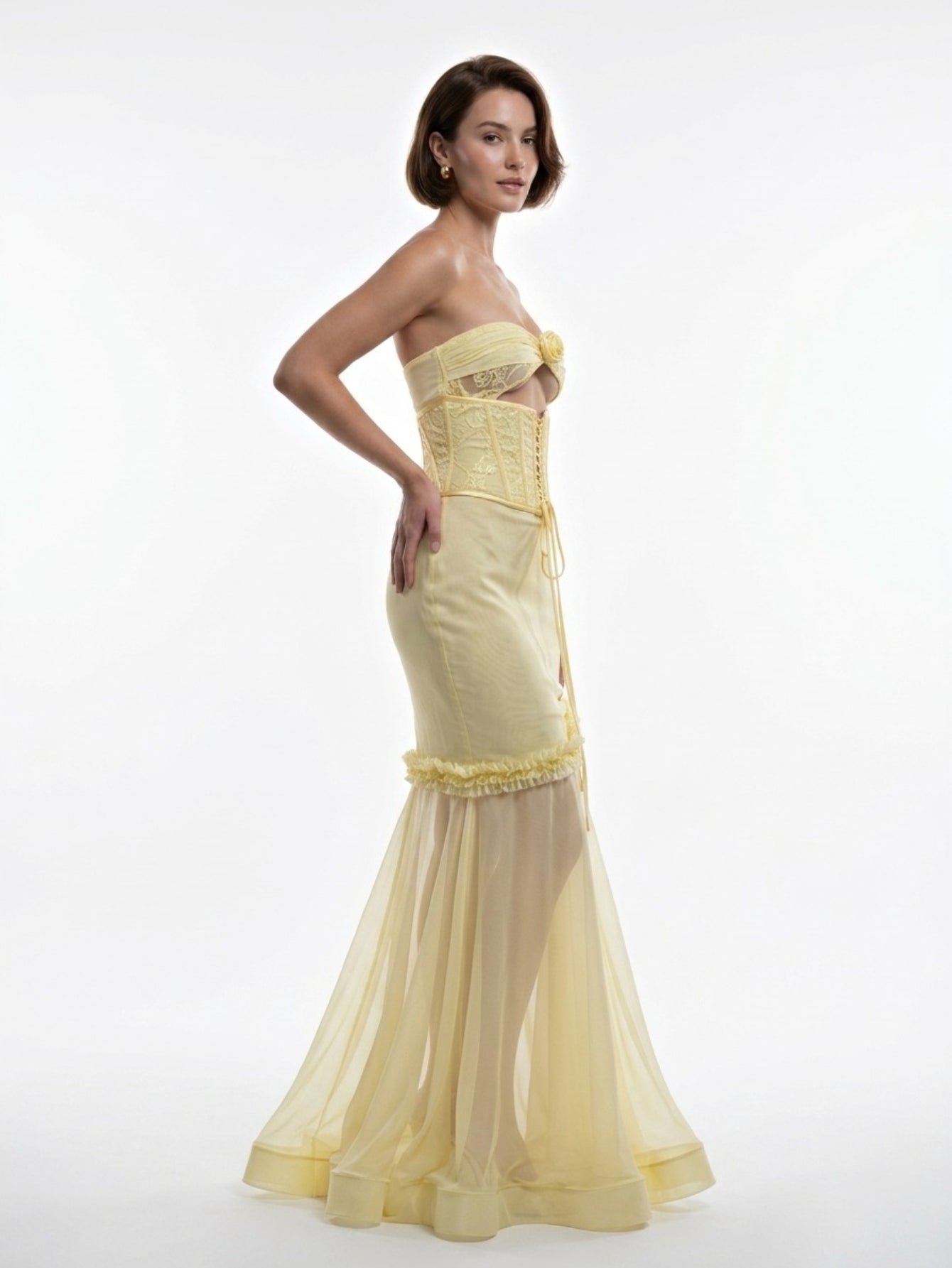 Women's Yellow Strapless Corset Gown - Floral Applique Cutout Tulle Mermaid Evening Dress