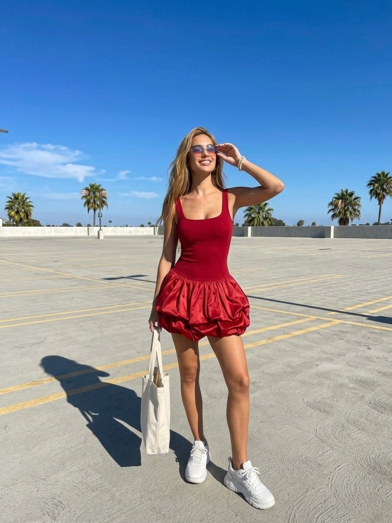 Women's Red Satin Dress - Square Neck Puff Mini Dress with Bubble Hem | Cute Summer Party & Date Night Dress