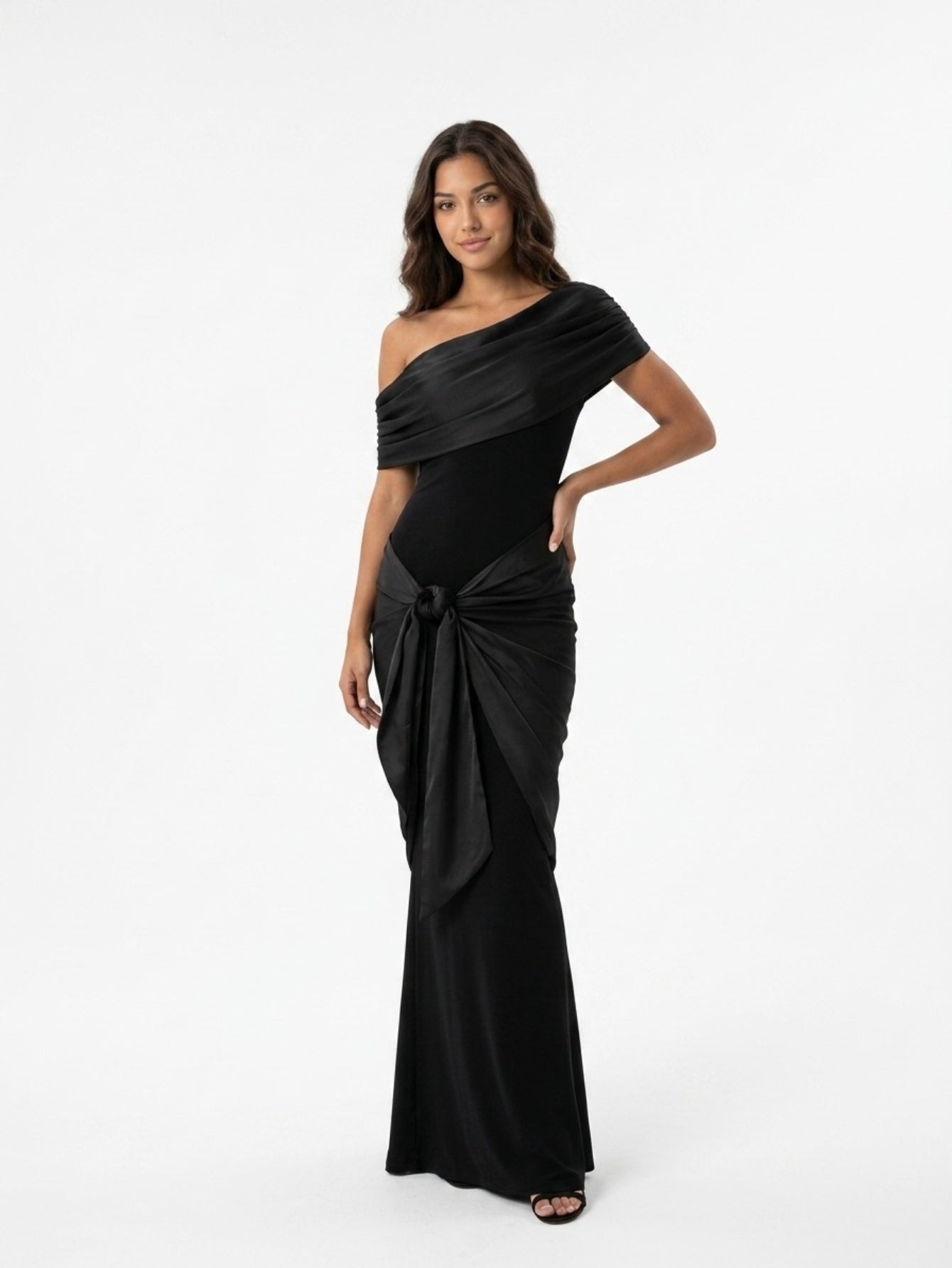 Women's One Shoulder Evening Gown - Black Draped Knot Detail Maxi Dress for Formal Occasions