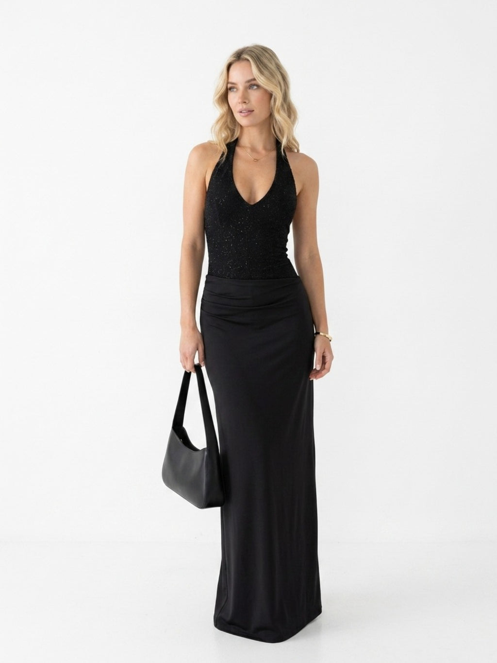 Women's Black Halter Maxi Dress - Deep V Neck Slinky Ruched Evening Gown | Formal Party Long Dress