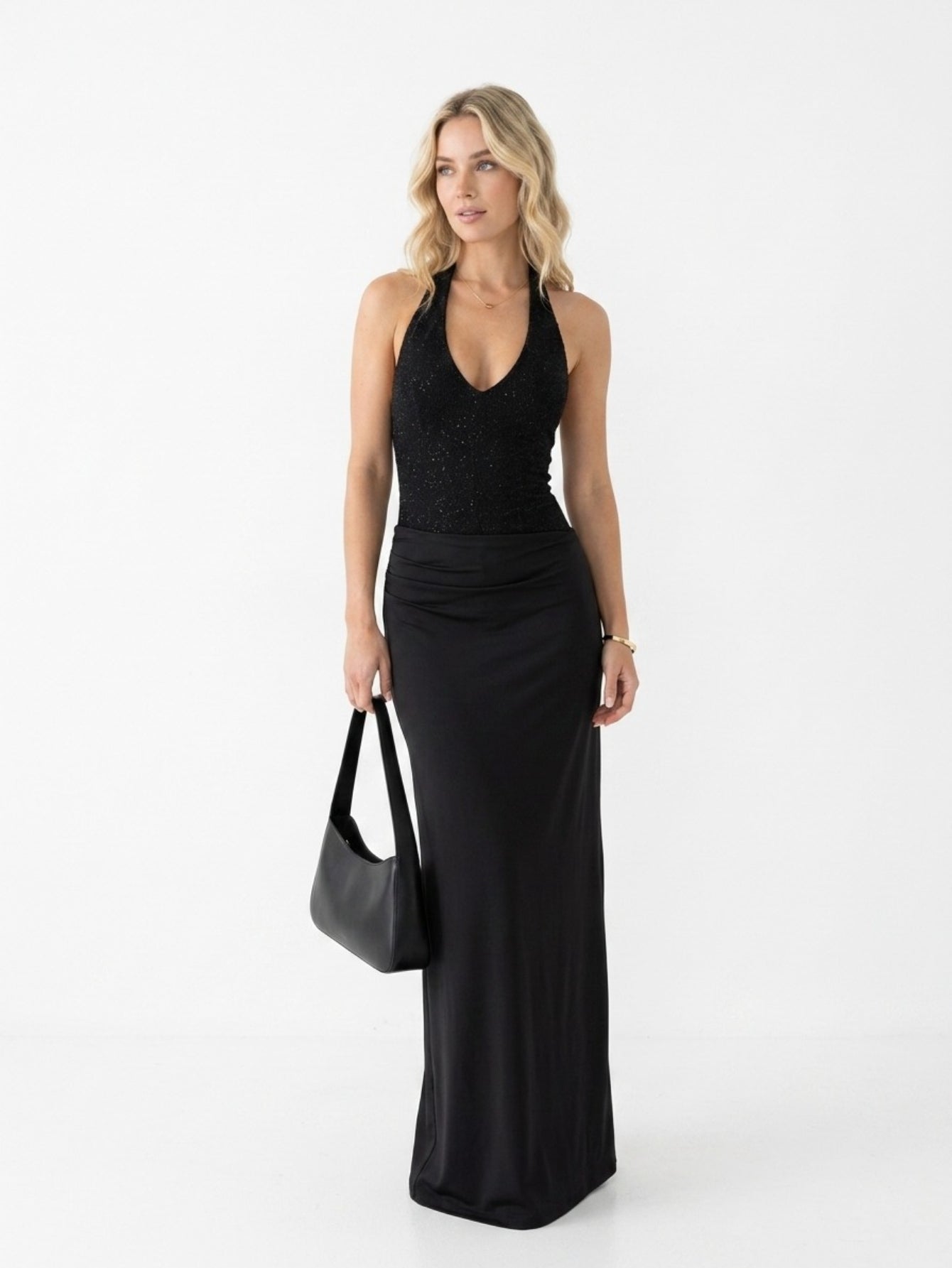 Women's Black Halter Maxi Dress - Deep V Neck Slinky Ruched Evening Gown | Formal Party Long Dress