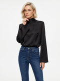 Women's High Neck Satin Blouse with Flared Sleeves - Elegant Solid Color Turtleneck Top for Office and Evening Wear