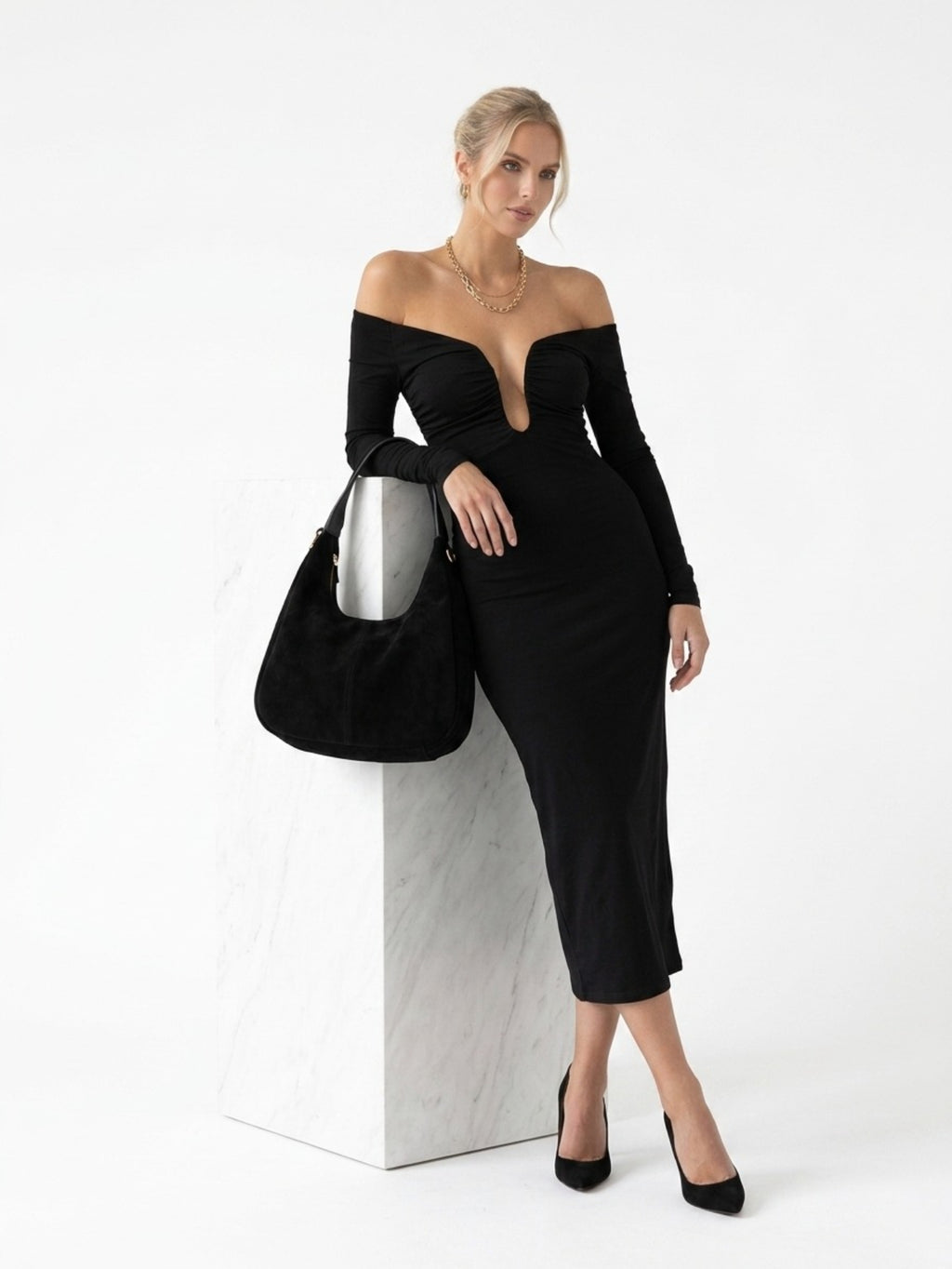 Women's Off Shoulder Midi Dress - Black Slinky Bodycon Evening Gown with Deep Plunging Neckline & Long Sleeves
