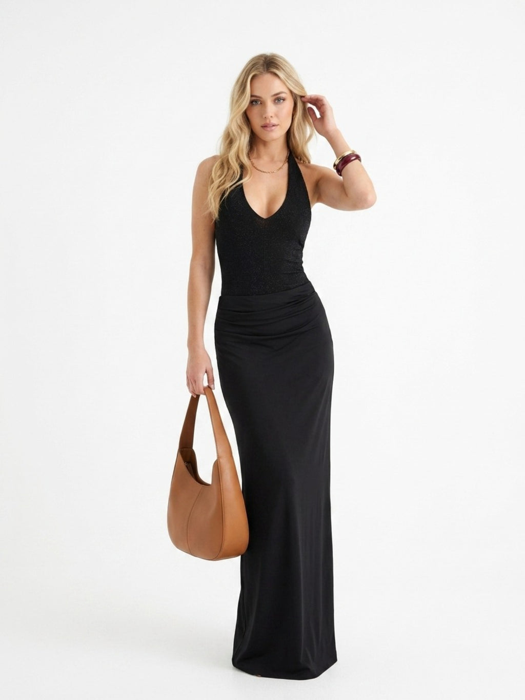 Women's Black Halter Maxi Dress - Deep V Neck Slinky Ruched Evening Gown | Formal Party Long Dress