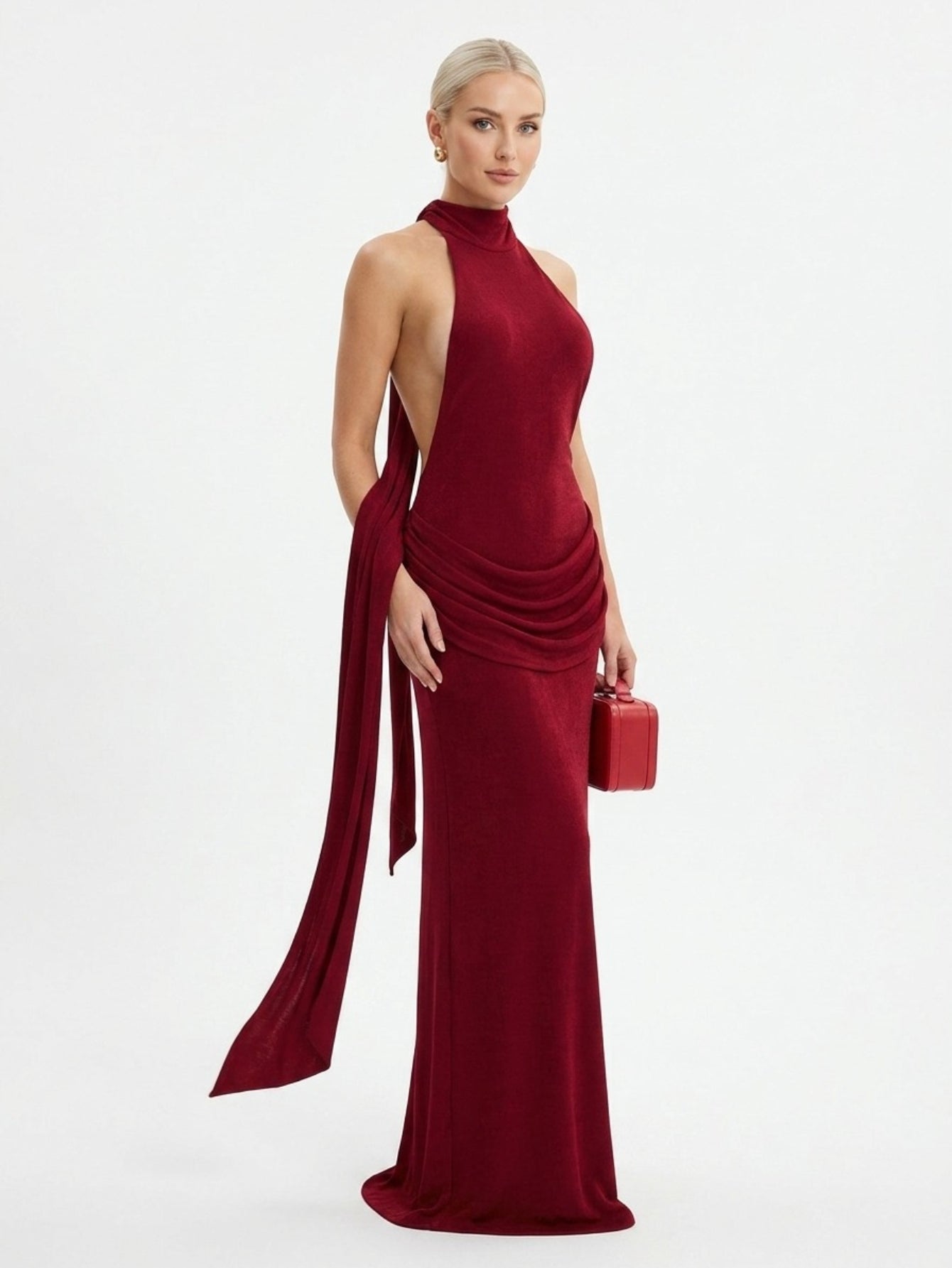 Women's Red Halter Neck Maxi Dress - Open Back with Sleeve Tie Drape Detail | Elegant Evening Gown for Formal Party Prom