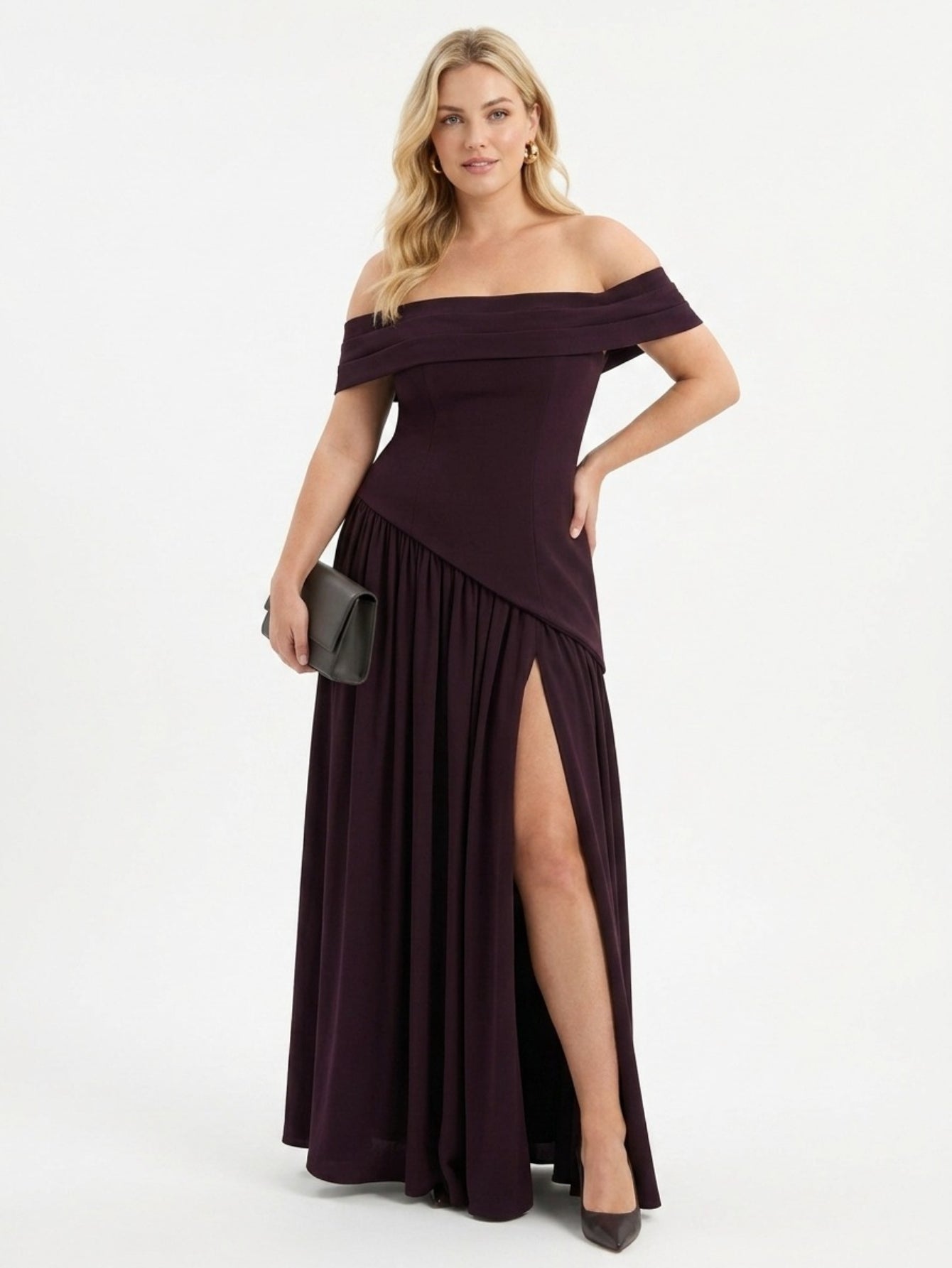Women's Off The Shoulder Gown - Plum High Neck Maxi Dress with High Slit & Draped Detail | Formal Evening Party Dress