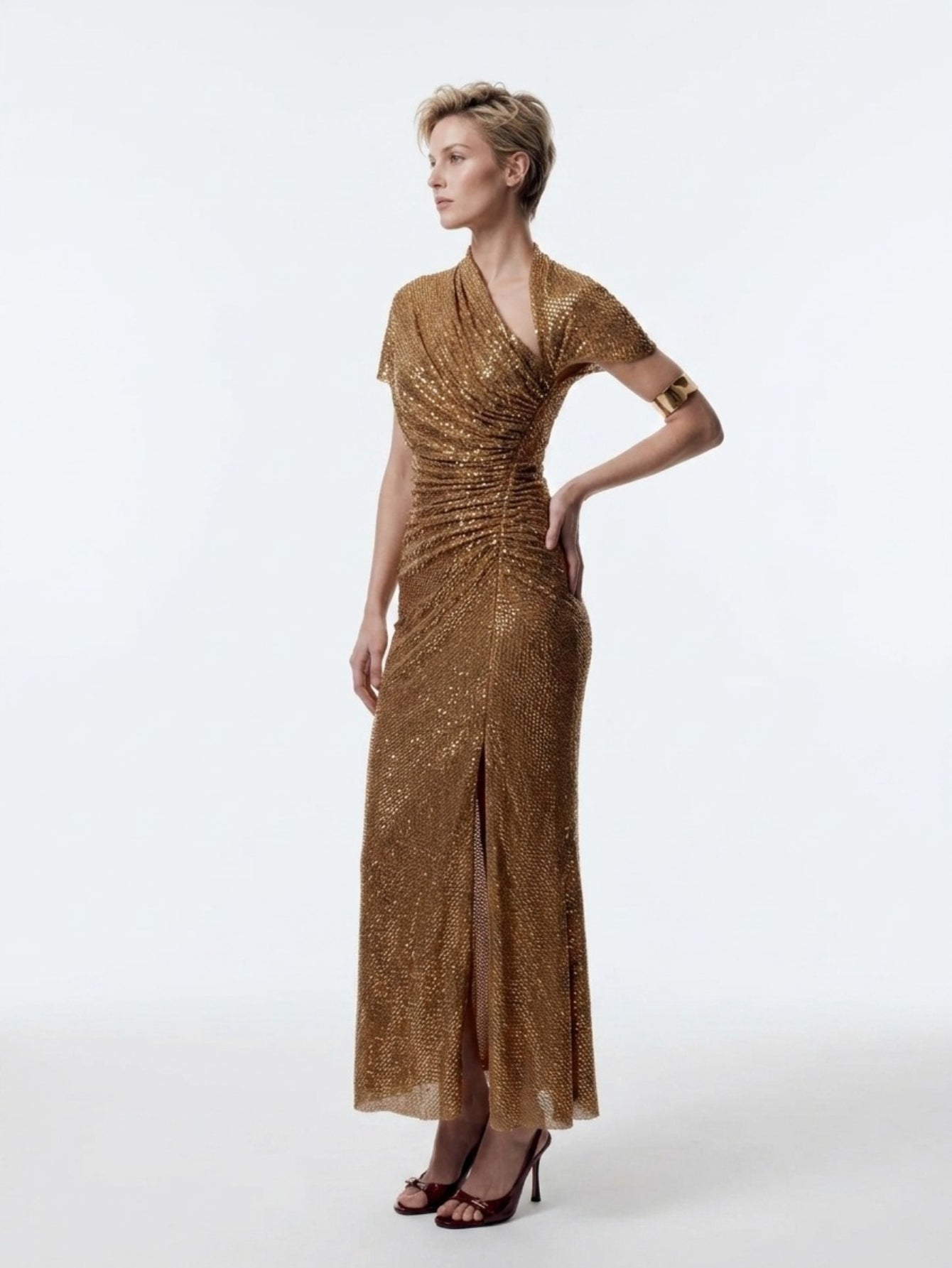 Women's Gold Sequin Maxi Dress - V-Neck Cap Sleeve High Slit Formal Evening Gown