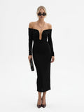 Women's Off Shoulder Midi Dress - Black Slinky Bodycon Evening Gown with Deep Plunging Neckline & Long Sleeves