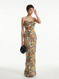 Women's Butterfly Print Halter Maxi Dress - Sheer Mesh Ruched Bodycon Evening Party Gown