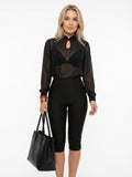 Women's Elegant Halter Neck Mesh Jumpsuit - Sexy Sheer Keyhole Front Bodysuit with High Waist Capri Leggings