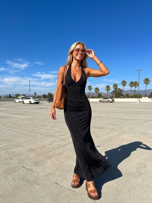 Women's Black Halter Maxi Dress - Deep V Neck Slinky Ruched Evening Gown | Formal Party Long Dress