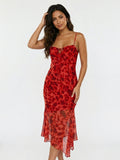 Women's Red Printed Midi Dress - Spaghetti Strap Asymmetric Hem Summer Casual Vacation Dress