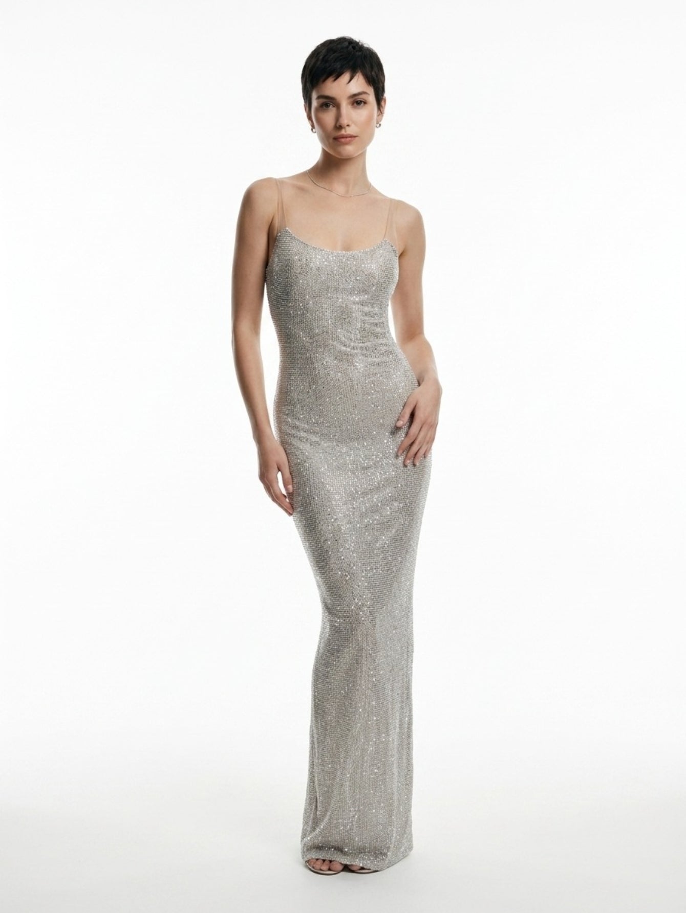Women's Silver Sequin Maxi Dress - Sultry Spaghetti Strap Cowl Neck Evening Gown