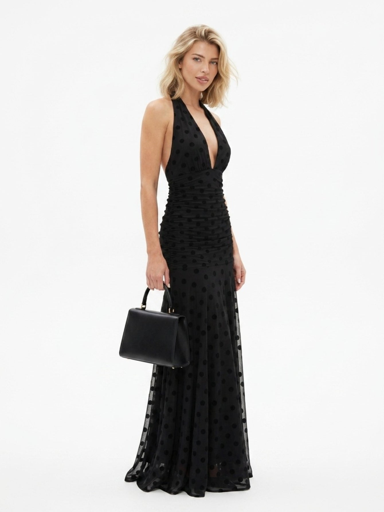Women's Halter Neck Polka Dot Maxi Dress - Black Deep V Neck Evening Gown with Ruched Waist & Flowy Skirt