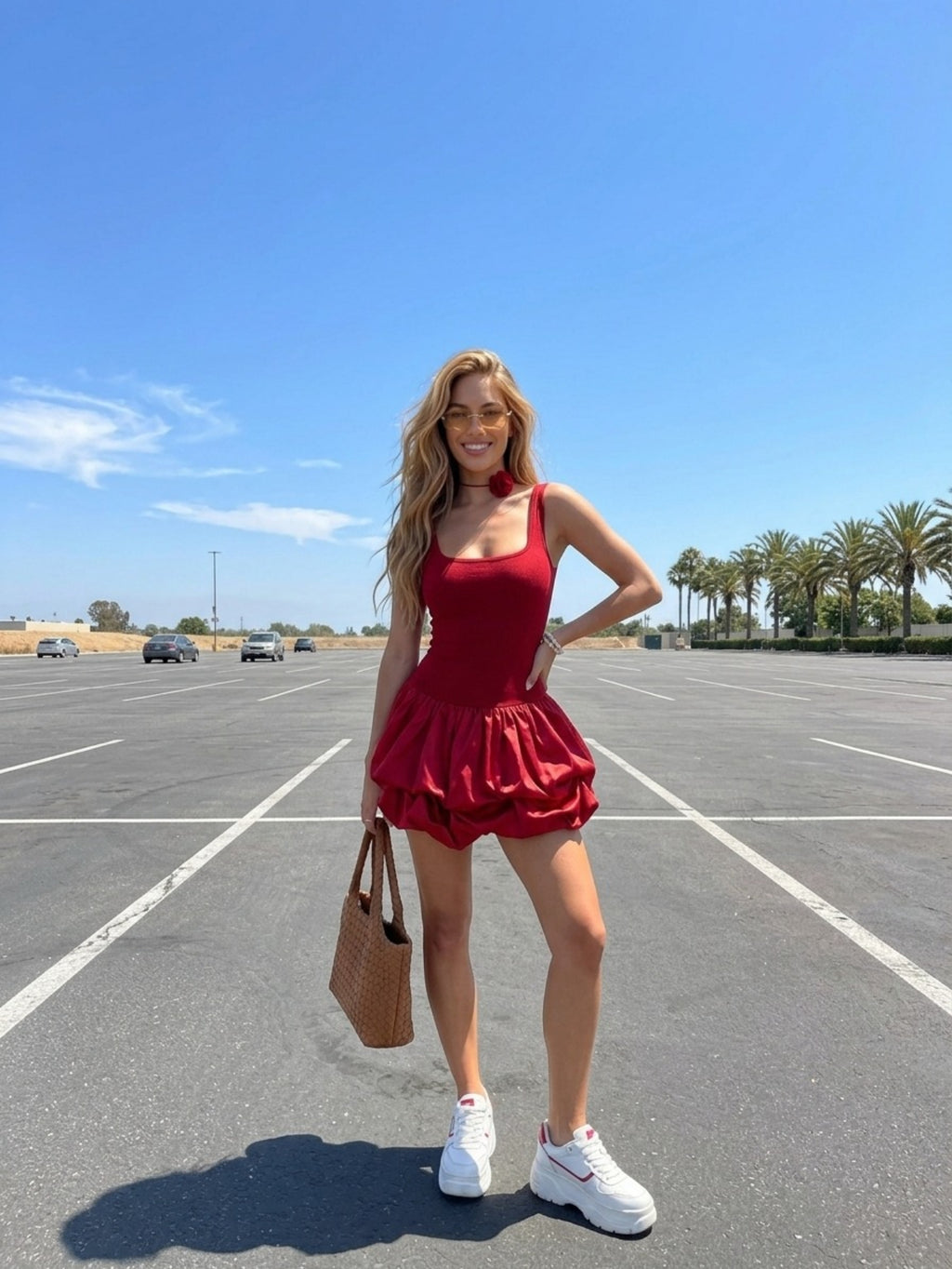 Women's Red Satin Dress - Square Neck Puff Mini Dress with Bubble Hem | Cute Summer Party & Date Night Dress
