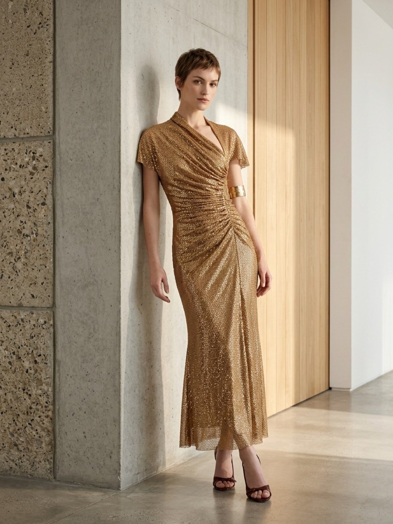 Women's Gold Sequin Maxi Dress - V-Neck Cap Sleeve High Slit Formal Evening Gown
