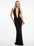 Women's Halter Neck Jumpsuit - Deep Plunging V Neck Open Back | Sexy Maxi Dress Alternative for Evening Party