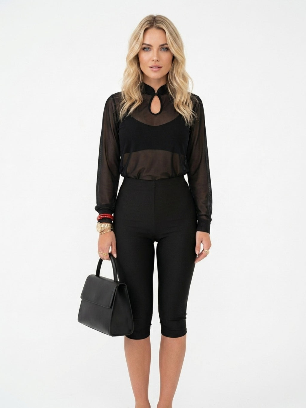 Women's Elegant Halter Neck Mesh Jumpsuit - Sexy Sheer Keyhole Front Bodysuit with High Waist Capri Leggings