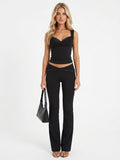 Women's Black Lace Cami & Flare Pants Set - Sexy Y2K Style With Rhinestone Detail For Club Party