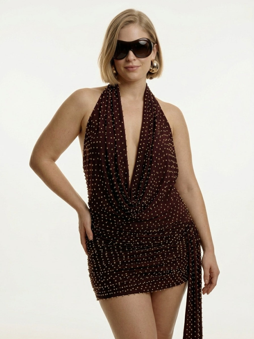 Women's Halter Studded Mini Dress - Burgundy/Gold Sultry Bodycon Evening Clubwear