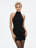 Women's Halter Neck Bodycon Dress - Burgundy & Black Sequin Hem Mini Dress | Sexy Club Going Out Party Dress