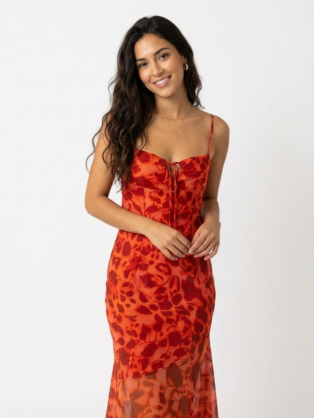 Women's Red Printed Midi Dress - Spaghetti Strap Asymmetric Hem Summer Casual Vacation Dress