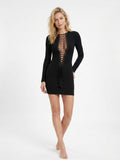 Women's Sexy Long Sleeve Lace-Up Front Bodycon Dress - Black Slim Fit Clubwear Mini Dress for Party Evening
