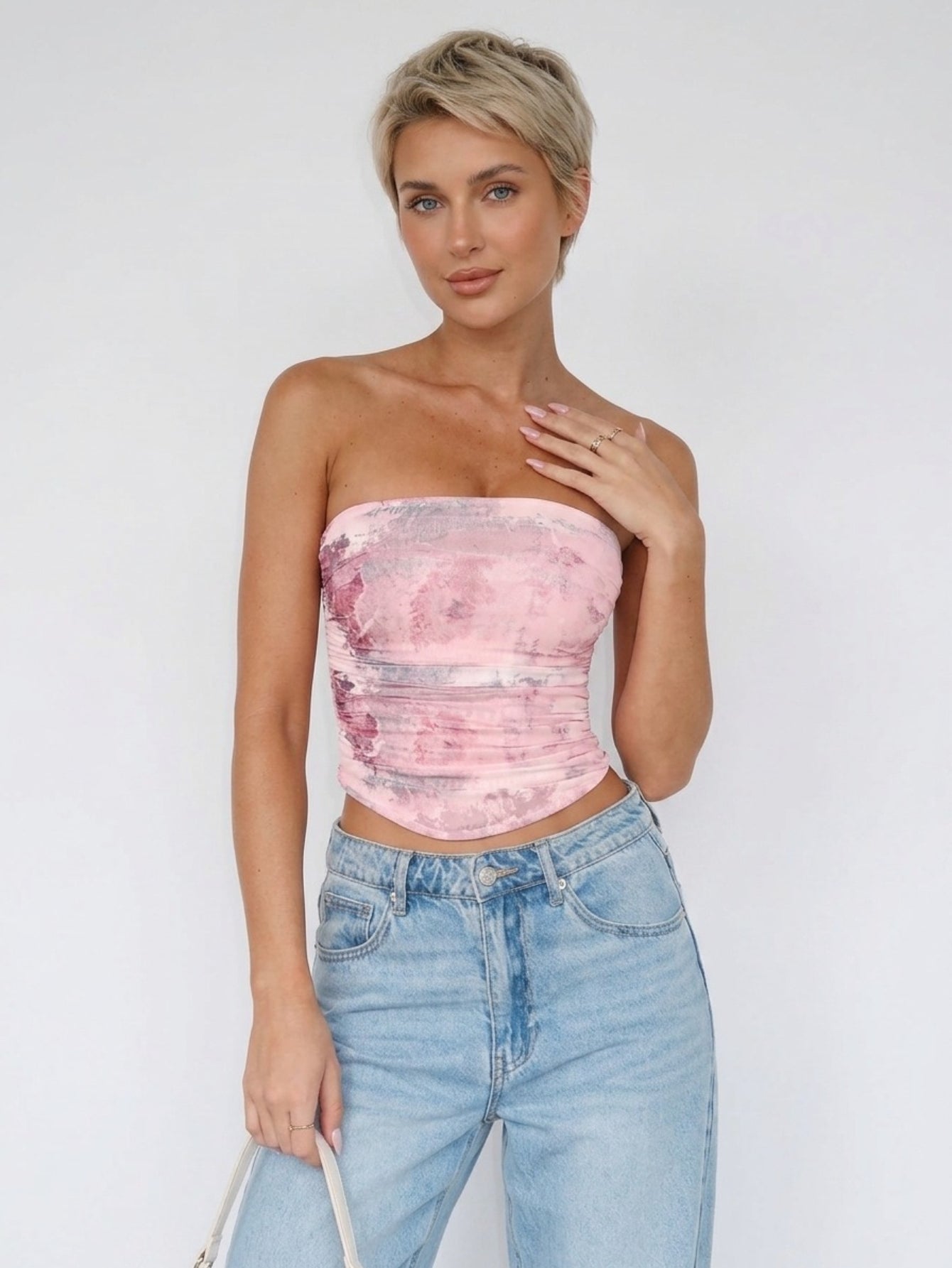 Women's Pink Tie Dye Print Strapless Tube Top - Ruched Waist Casual Summer Slim Fit Camisole