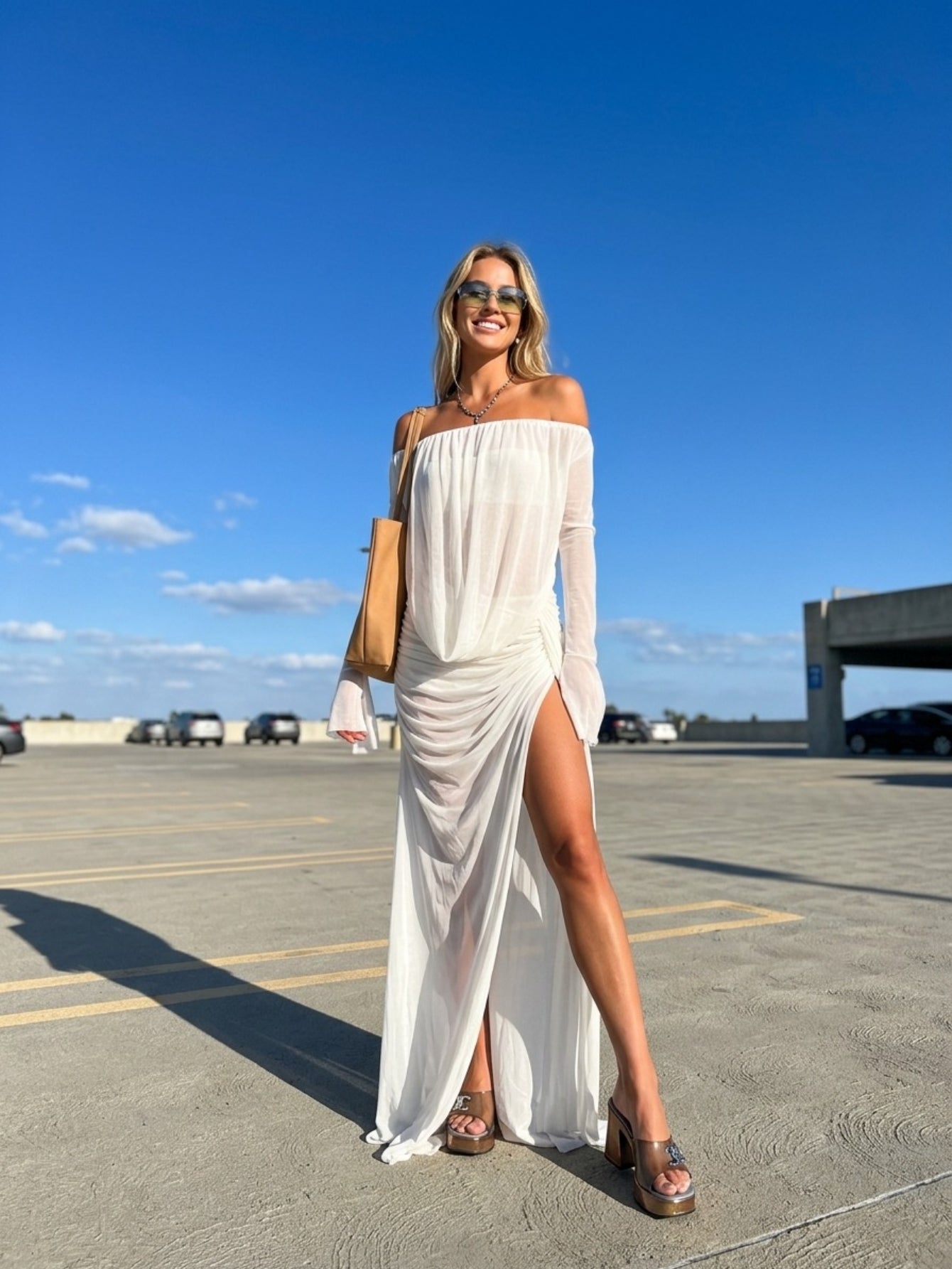 Women's Off Shoulder Maxi Dress - White Chiffon Long Sleeve Formal Gown with High Slit & Draped Ruched Detail