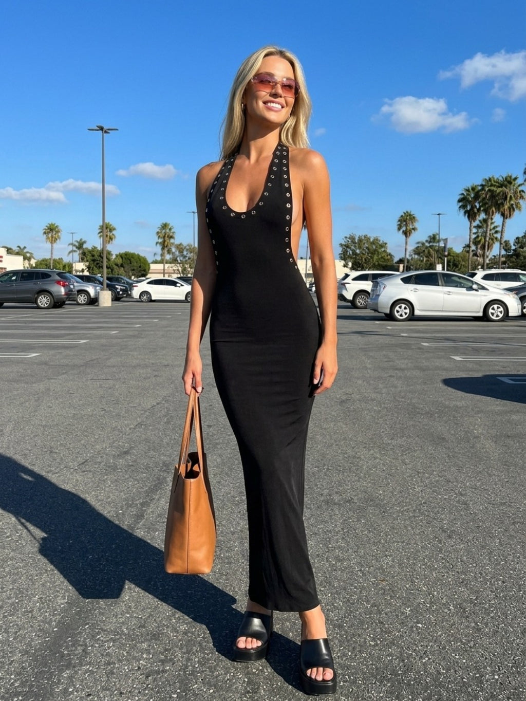 Women's Black Halter Maxi Dress - Studded Cutout Backless Gown with Slinky Jersey | Elegant Party Evening Dress