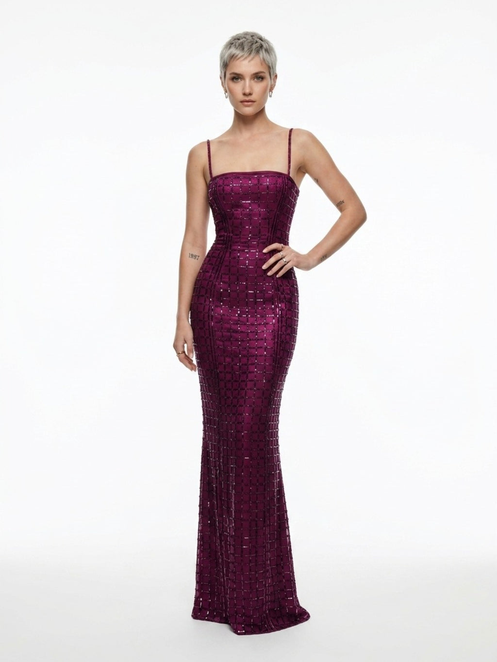 Women's Sequin Mermaid Maxi Dress - Emerald Green/Plum Purple Strapless Fishtail Formal Gown