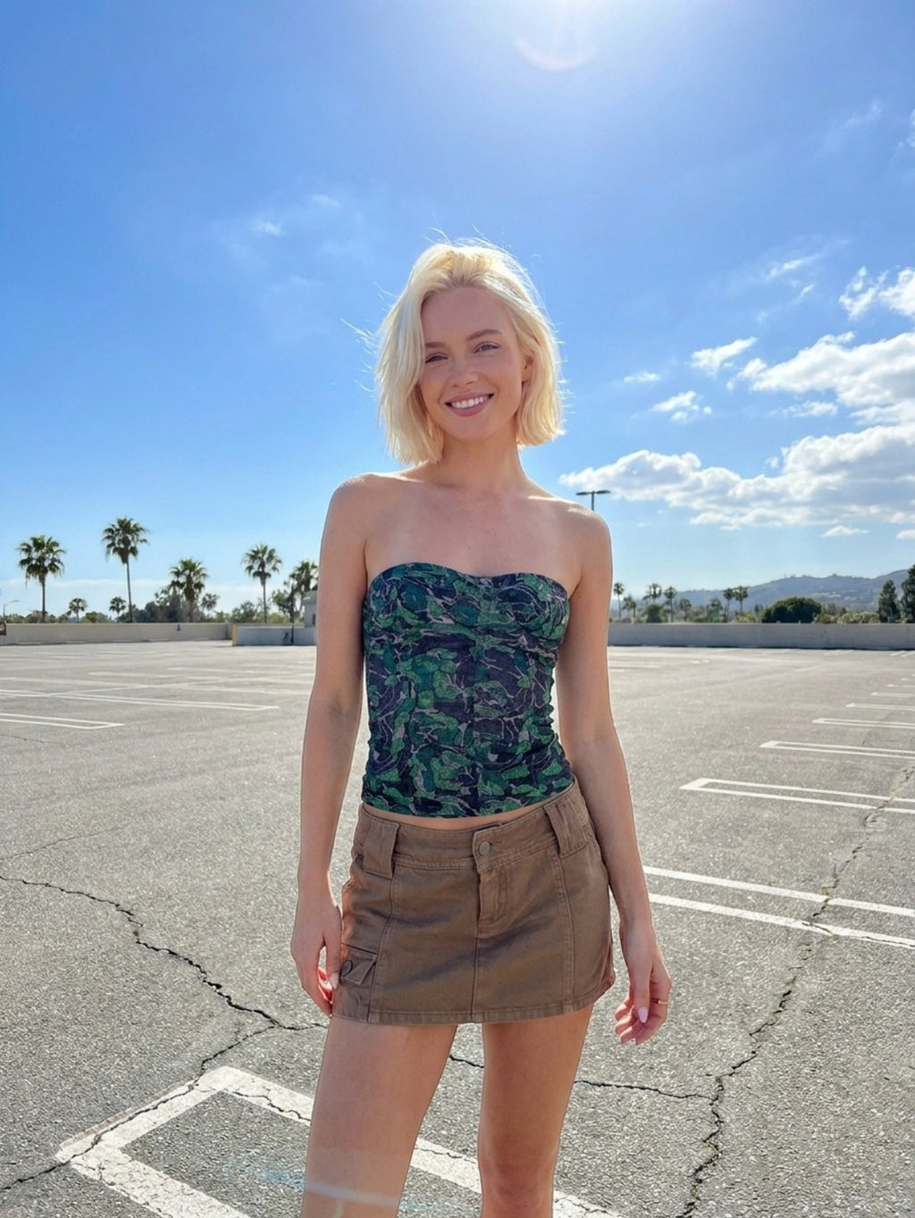 Women's Green Floral Print Tube Top - Retro Smocked Camisole for Summer Casual Streetwear