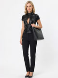 Women's Faux Leather Halter Top - Black Tie Front Crop Top with Cap Sleeves | Y2K Baddie Streetwear