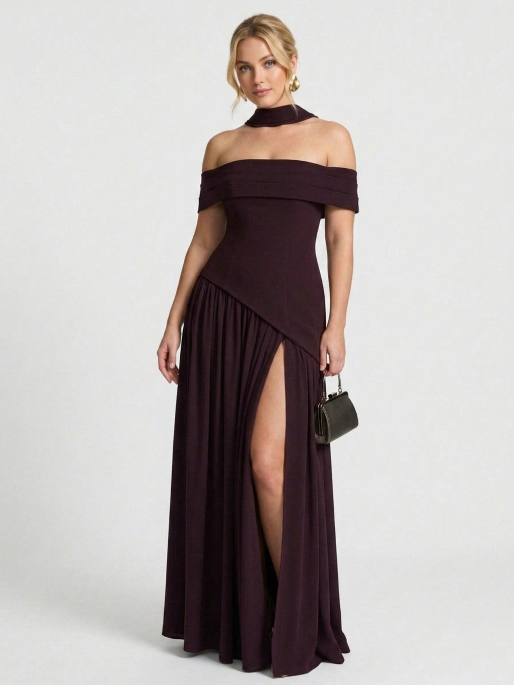 Women's Off The Shoulder Gown - Plum High Neck Maxi Dress with High Slit & Draped Detail | Formal Evening Party Dress